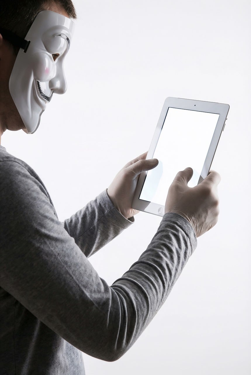 anonymous, mask, tablet, technology, privacy, internet, hacking, security, digital, white, identity, communication, device, hands, activism, cyber, mystery, minimalist, user, connection, ai generated